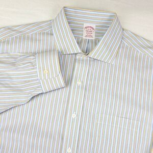 Brooks Brothers Dress Shirt‎ Men 17-33 Blue Yellow Madison Fit Striped Non-Iron